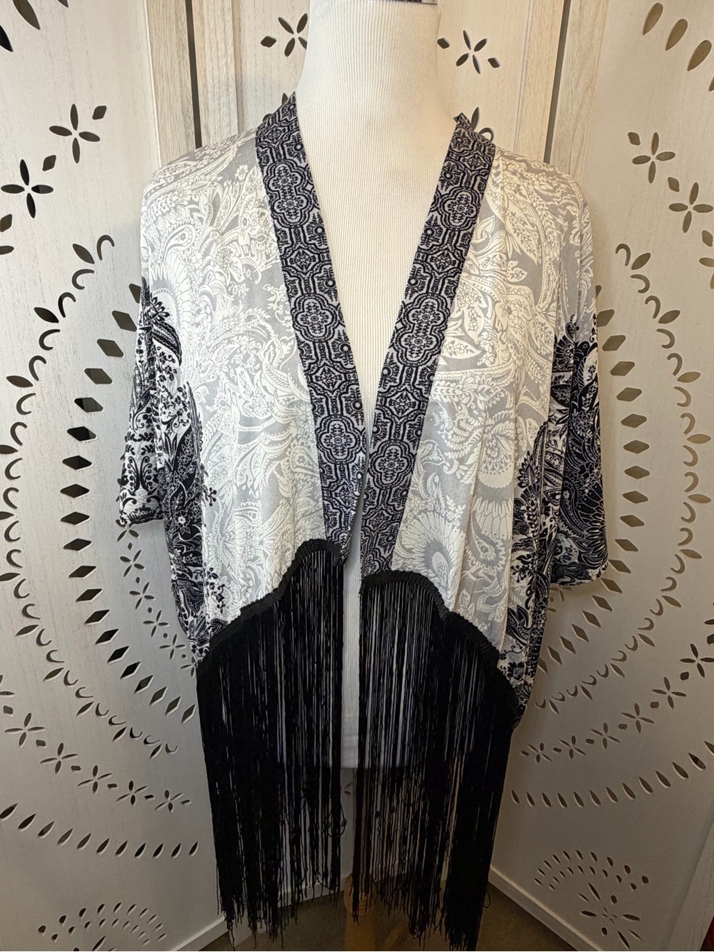 Boho Black & White Print Fringe Kimono